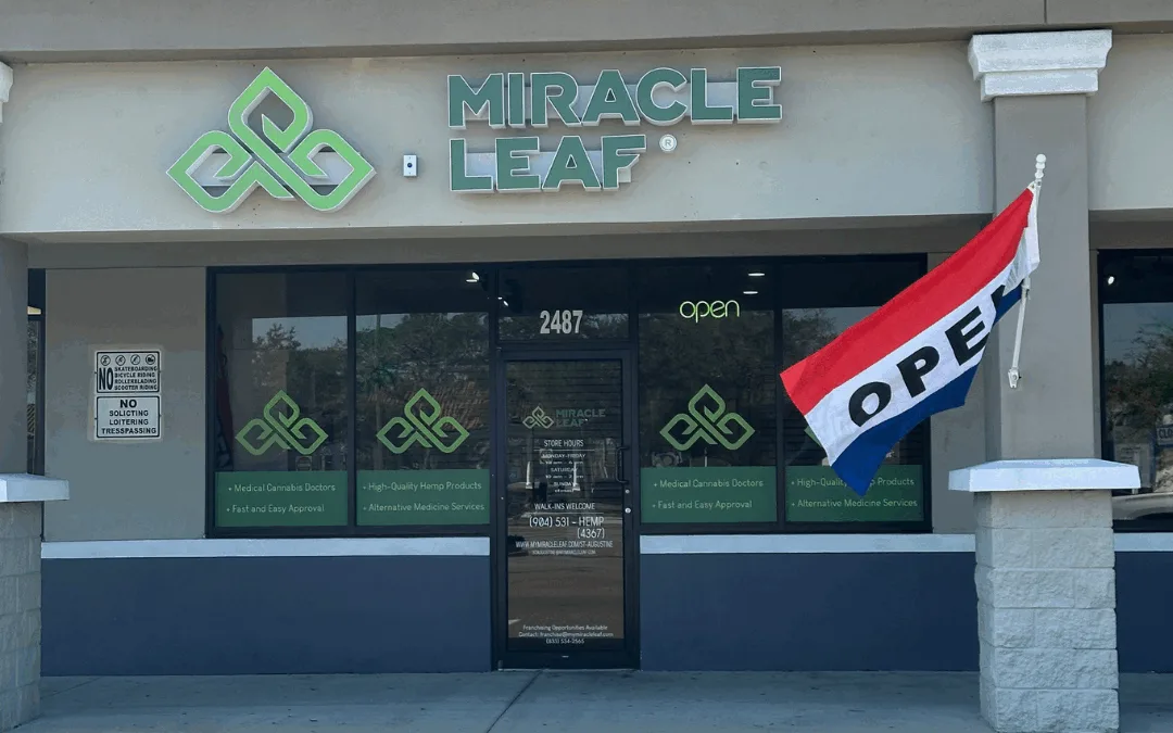 The Miracle Leaf® Health Centers clinic at 2487 US-1 South, St. Augustine: green channel-letter signage and the interlocking leaf mark above a glass frontage with a navy base, the number 2487 on the door, and a red, white and blue OPEN flag beside it.